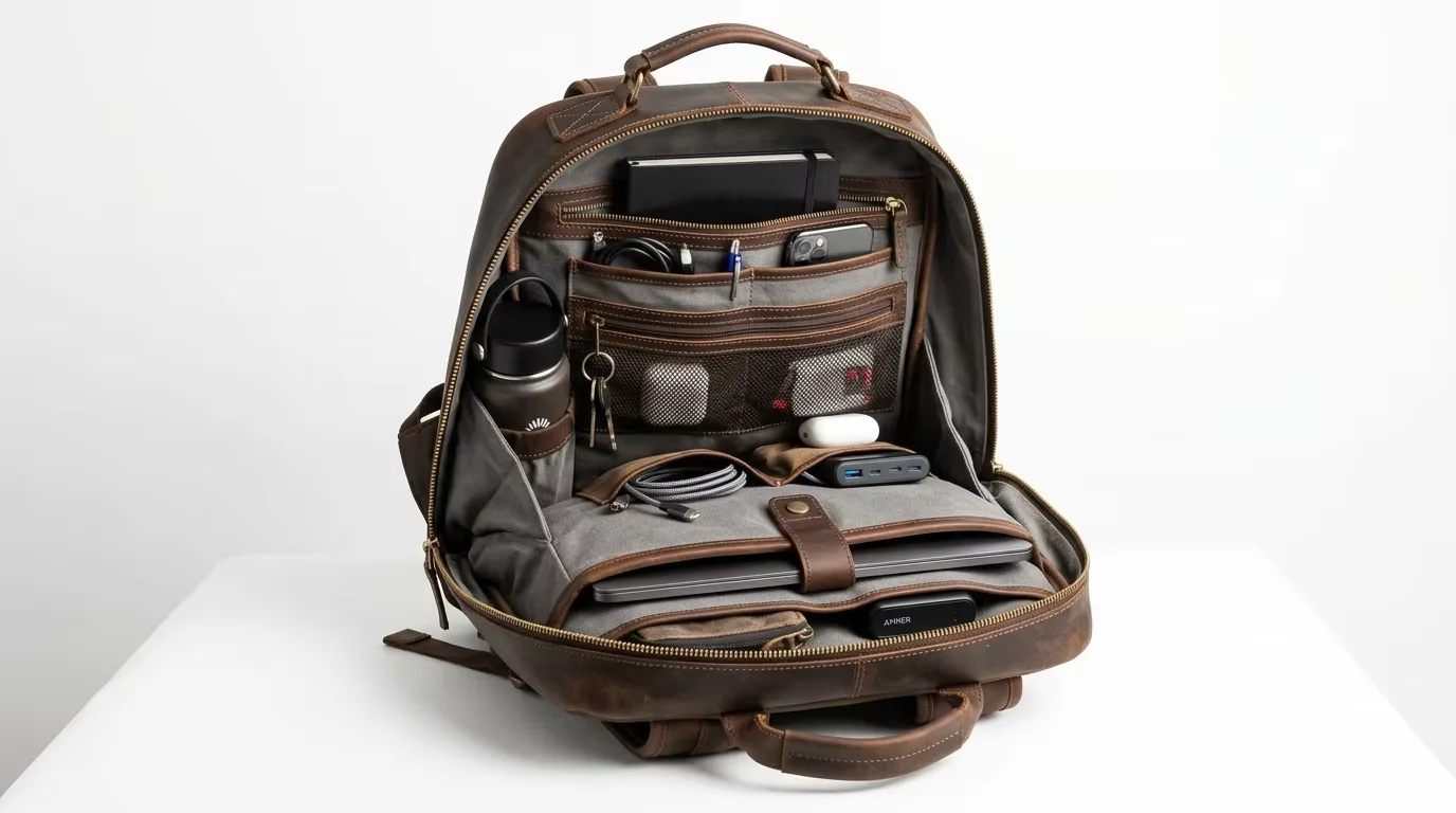 Interior view of leather backpack showing laptop sleeve, organized compartments and zip pockets — interior organisation is the most important functional differentiator in wholesale backpack specification