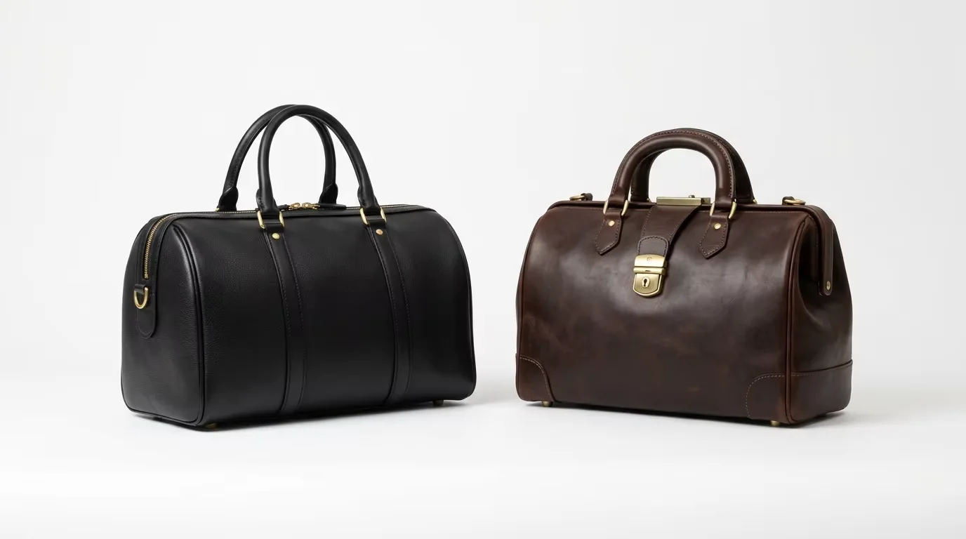 Black leather boston bag and dark brown doctor bag displayed side by side showing the key silhouette differences — the boston bag's soft rounded profile versus the doctor bag's rigid frame and clasp closure