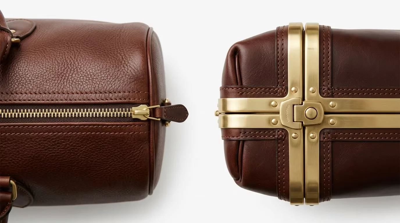 Close-up comparison of boston bag top zipper closure and doctor bag metal frame clasp closure — the closure mechanism is the defining structural difference between these two wholesale handbag silhouettes