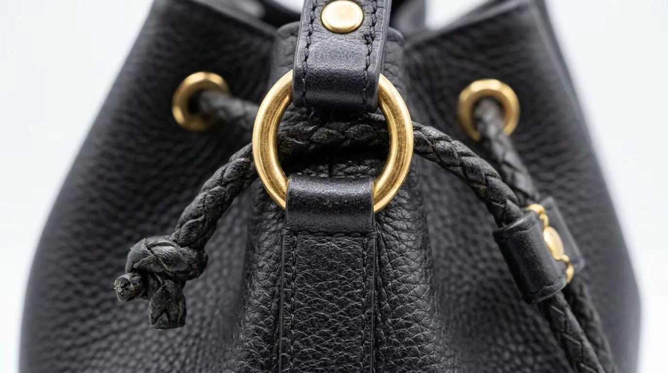 Close-up of a leather bucket bag showing the gold-tone ring hardware and leather drawstring cord detail — hardware specification and closure type are among the most important commercial decisions in bucket bag sourcing