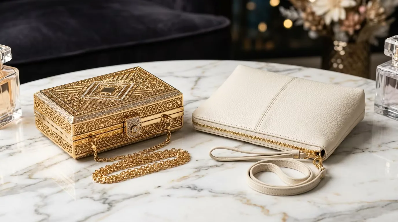 Gold minaudiere clutch and ivory leather wristlet side by side on marble surface — material selection is the primary driver of price positioning and retail channel fit in wholesale clutch bag production