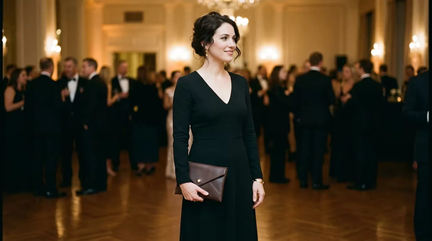 Woman in evening dress holding a small leather envelope clutch — the occasion-driven purchase dynamic of clutch bags requires precise matching of style and material to retail channel and customer context
