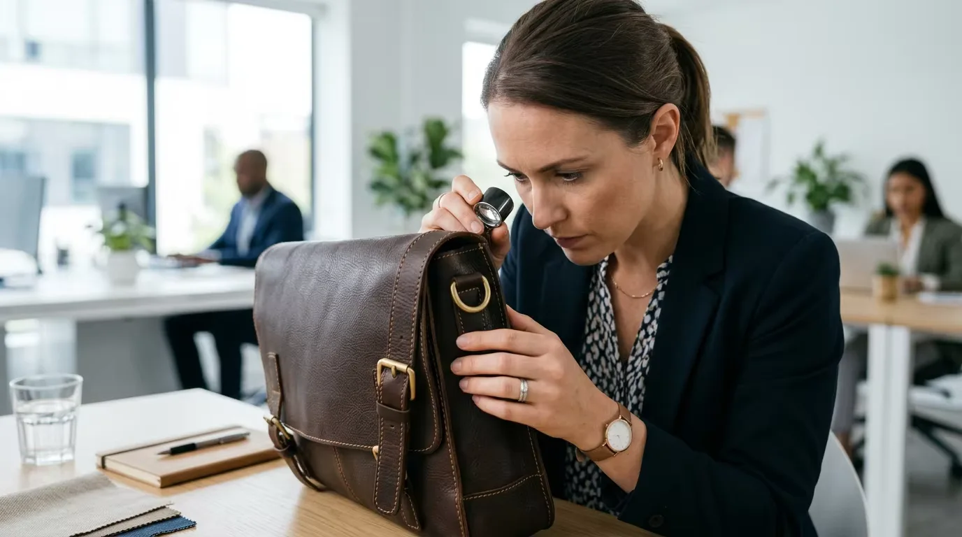 B2B sourcing buyer carefully examining leather bag sample for quality issues before approving bulk production — systematic sample inspection prevents the most common and expensive wholesale sourcing mistakes