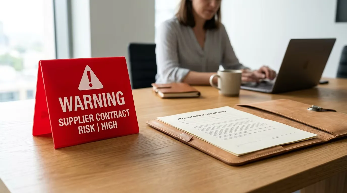 Warning sign and supplier contract on desk — documenting specifications, agreements and quality standards in writing is the single most important preventive measure against common handbag sourcing mistakes