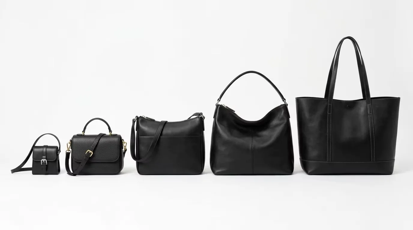 Five handbag sizes arranged from mini crossbody to large oversized tote showing the complete size progression across wholesale handbag categories