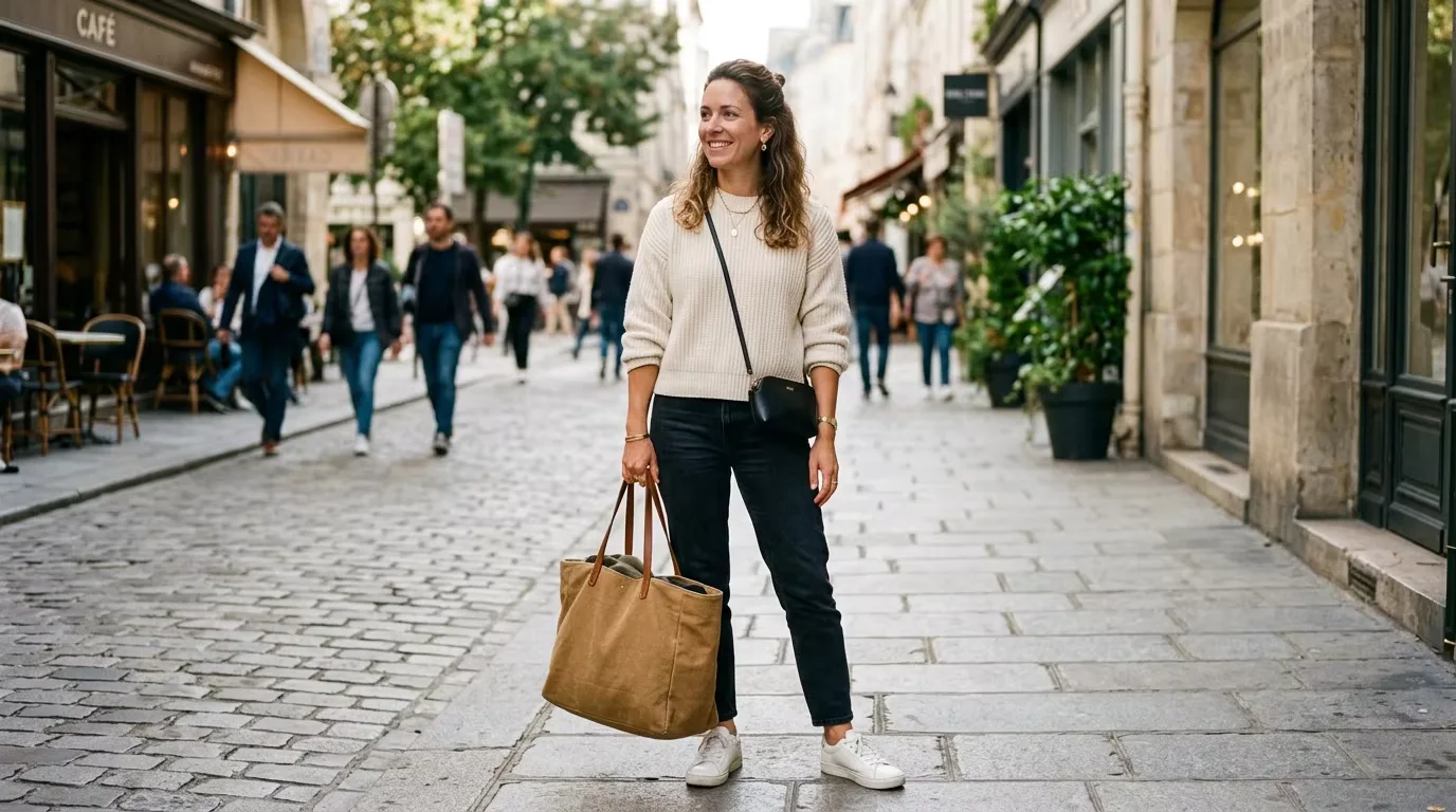 Woman holding a small mini crossbody bag and a large tote bag side by side demonstrating the scale difference across handbag size categories that B2B wholesale buyers need to understand for accurate production specification