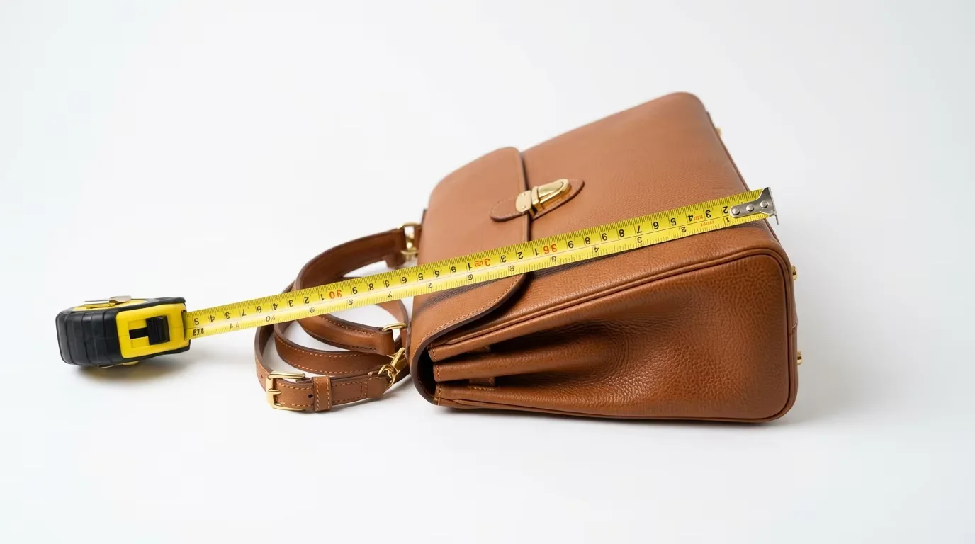 Measuring tape placed alongside a leather handbag — precise dimension specification is the foundation of consistent wholesale production and the most reliable way to ensure samples and bulk production match buyer expectations