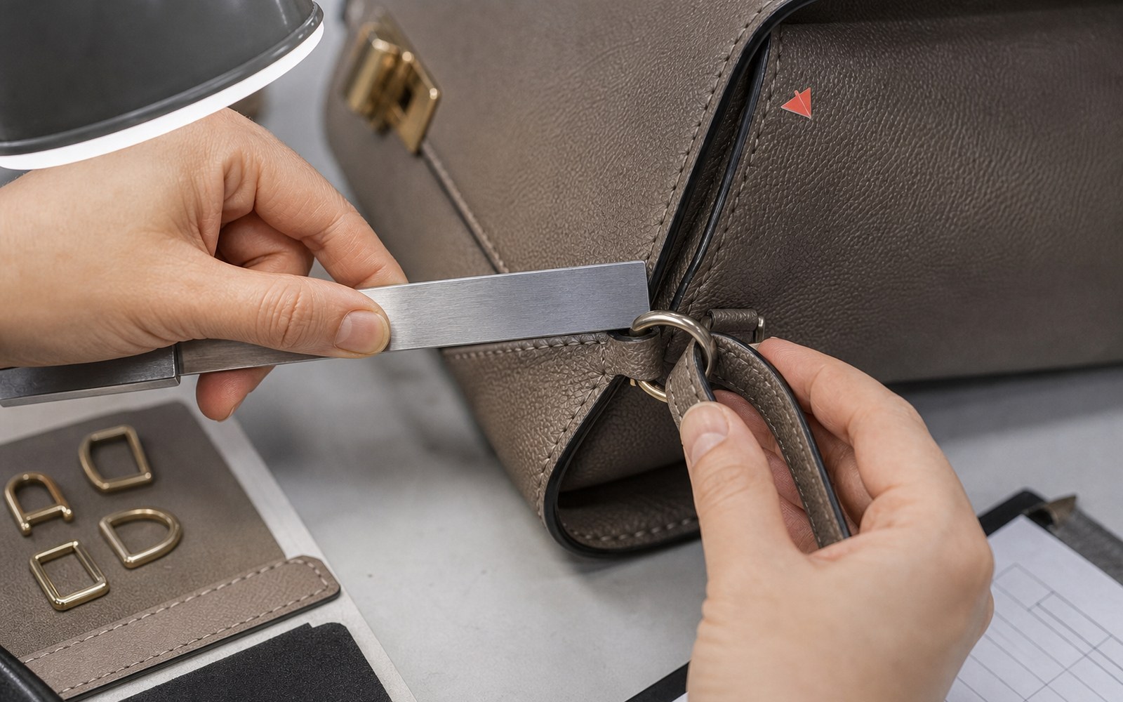 Premium leather crossbody bag with detailed hardware closure and adjustable strap, product photograph