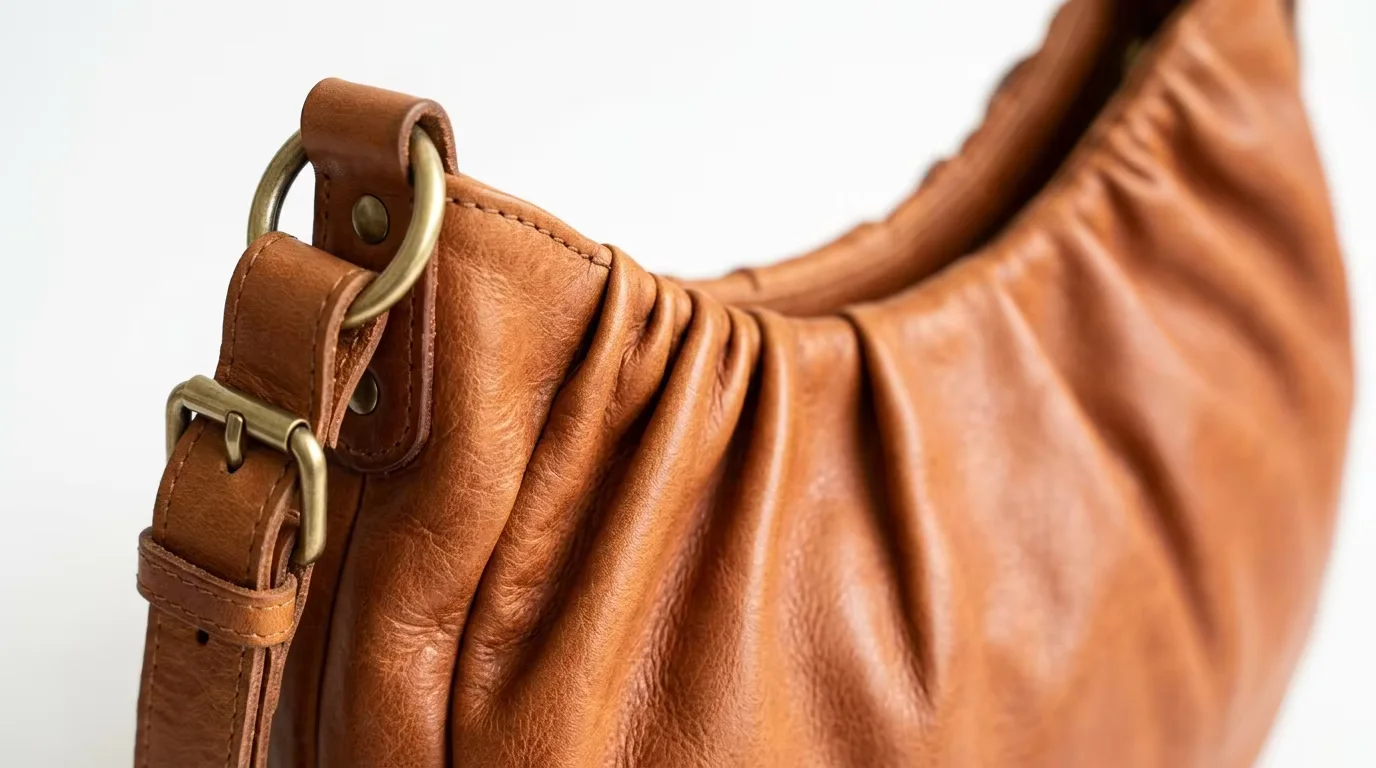 Close-up of soft leather hobo bag showing the gathered ruched top, crescent silhouette and adjustable strap hardware — construction details that define quality in wholesale hobo bag production