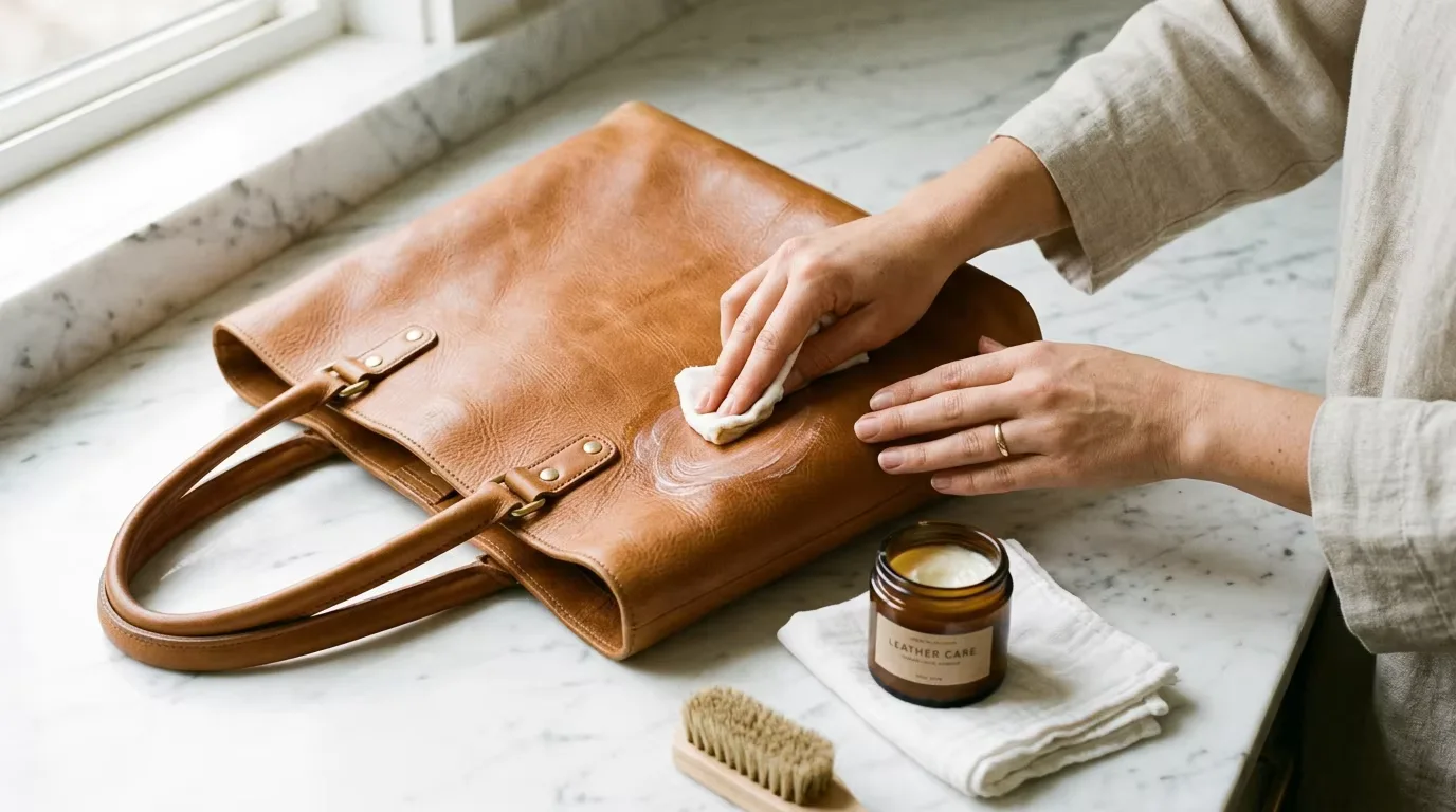 Hands applying leather conditioner to a tan leather tote bag on a marble surface — regular conditioning is the single most important maintenance step for preserving genuine leather bag quality and appearance over time