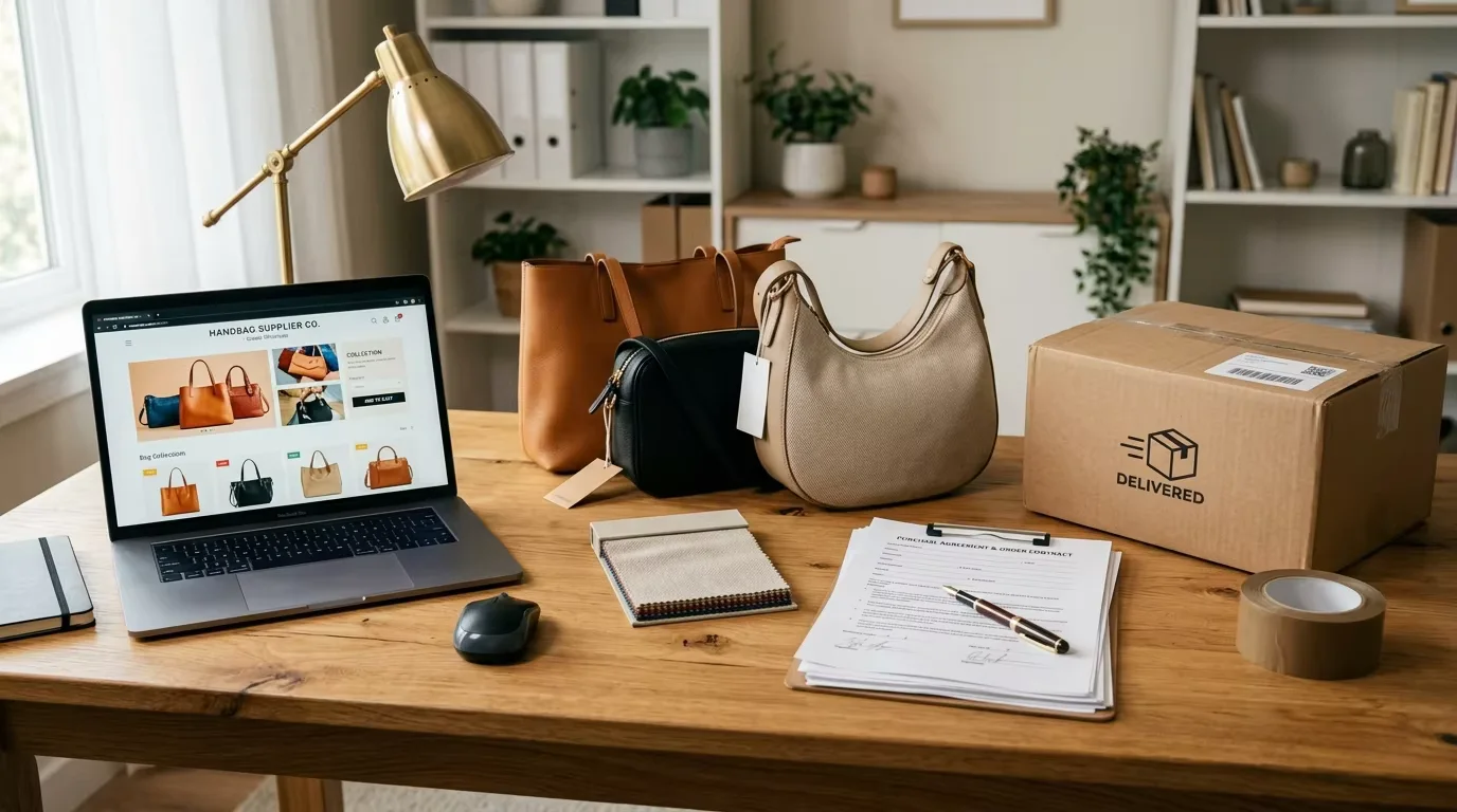 Step-by-step ordering process: laptop with supplier website, leather bag samples, contract document and shipping box — the complete sequence for placing a first wholesale handbag order from China