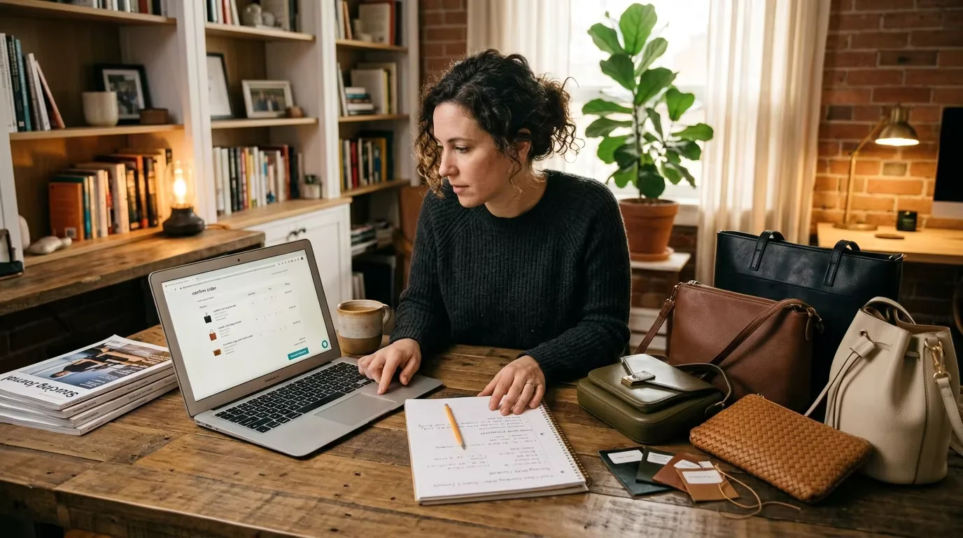 Person at laptop placing a wholesale handbag order from China, with leather bag samples and order notebook on desk — online order placement is the formal start of the production process