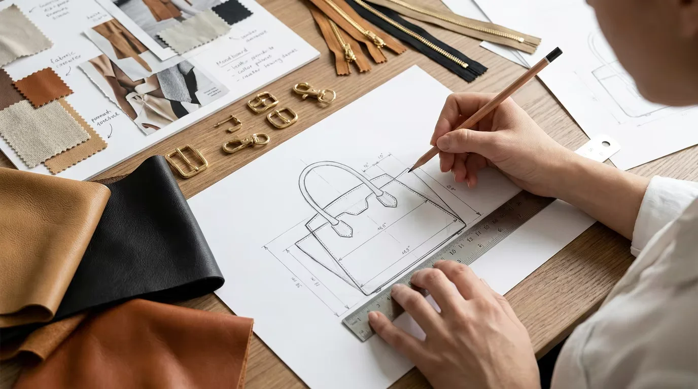 Designer reviewing handbag leather swatches and sketches