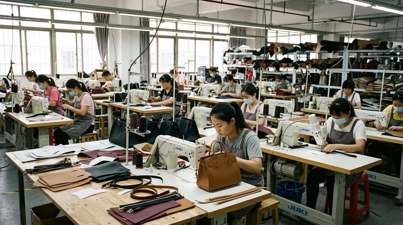 Factory production floor with workers assembling leather handbags at sewing stations — production stage duration depends on order size, design complexity and factory scheduling