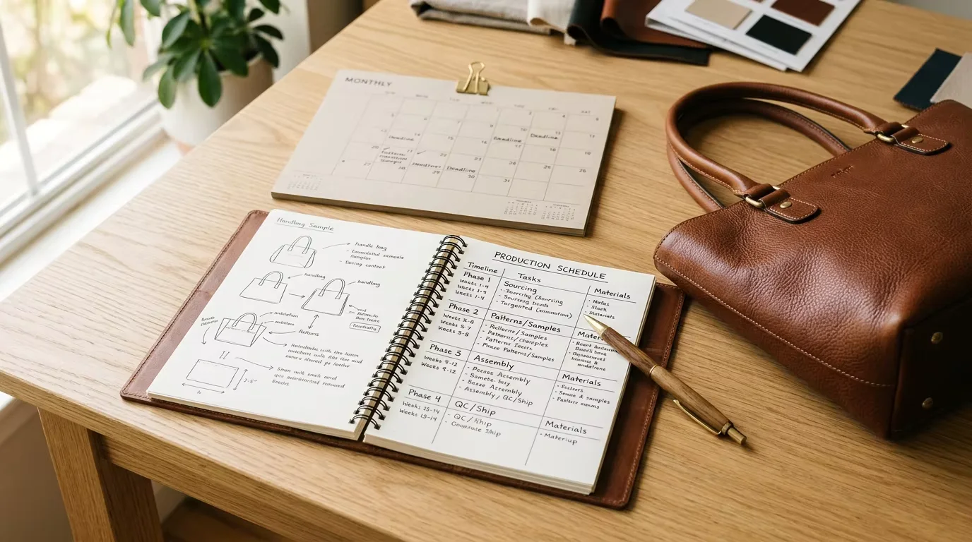 Open production schedule notebook with leather bag sample — detailed pre-order planning is the most effective way to reduce total lead time for leather bag wholesale orders