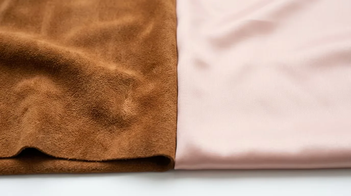 Side-by-side comparison of warm cognac suede fabric texture against smooth blush polyester lining — illustrating the tactile quality difference between premium and standard handbag lining materials