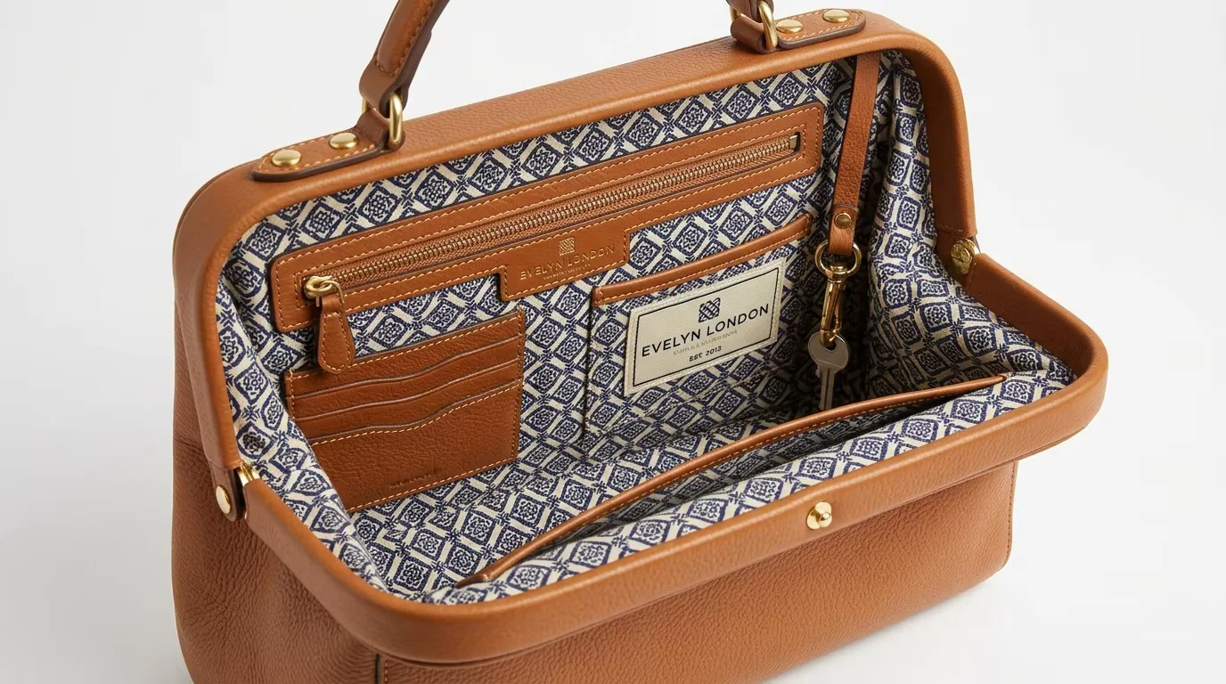 Open leather handbag showing organized interior with printed lining, zip pocket, card slots, key clip and woven brand label — the complete interior specification that differentiates premium wholesale bag construction