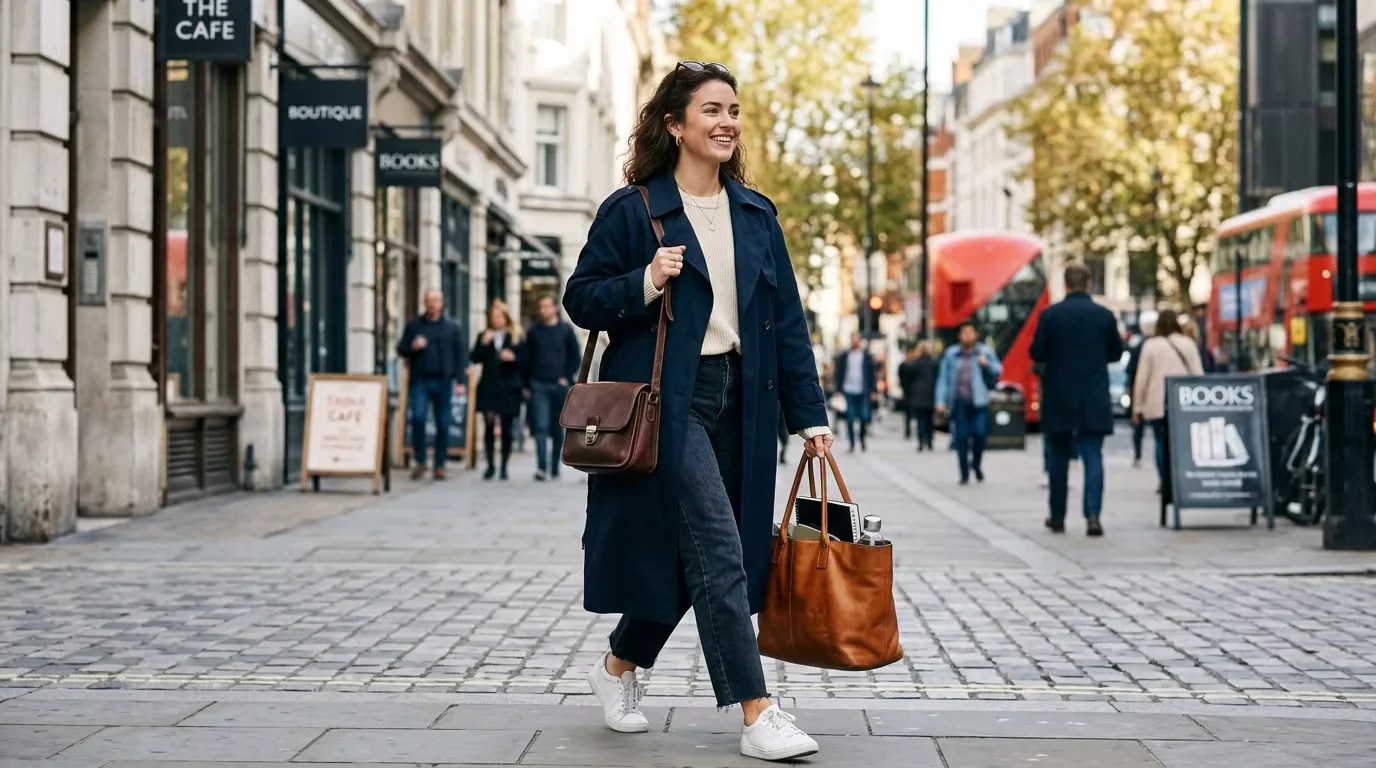 A woman carrying both a structured leather shoulder bag and a large leather tote, demonstrating how the two bag types serve different carrying functions simultaneously in everyday real-world use