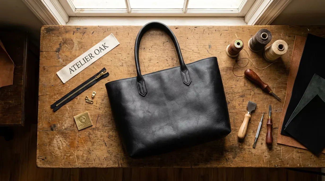 A finished black genuine leather tote bag on a craftsman's workbench alongside brand labels, gold hardware, and leather tools