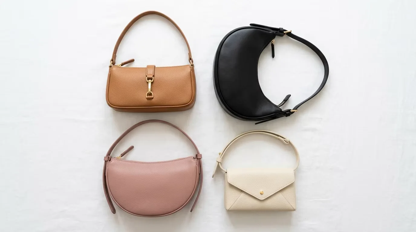 Flat lay of four underarm bag silhouettes: leather baguette in tan, black crescent, dusty pink half-moon and cream mini envelope — the main underarm bag formats in wholesale handbag production