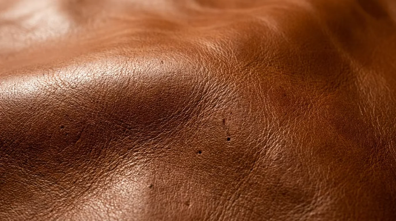 Close-up of premium genuine cowhide leather surface — natural grain texture in warm cognac brown