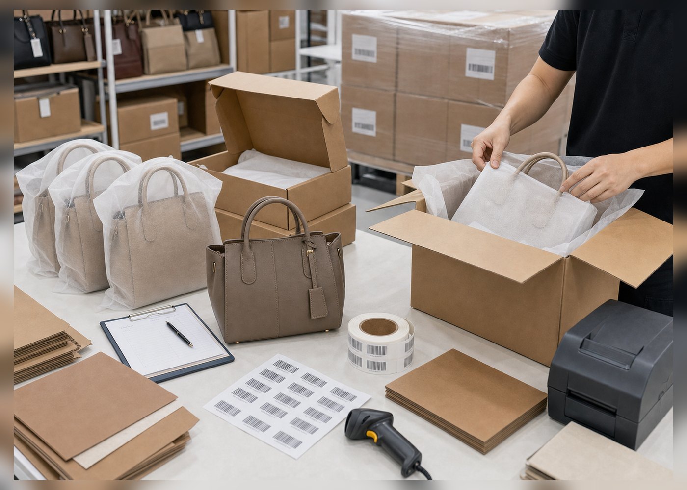 Export cartons prepared for global handbag delivery