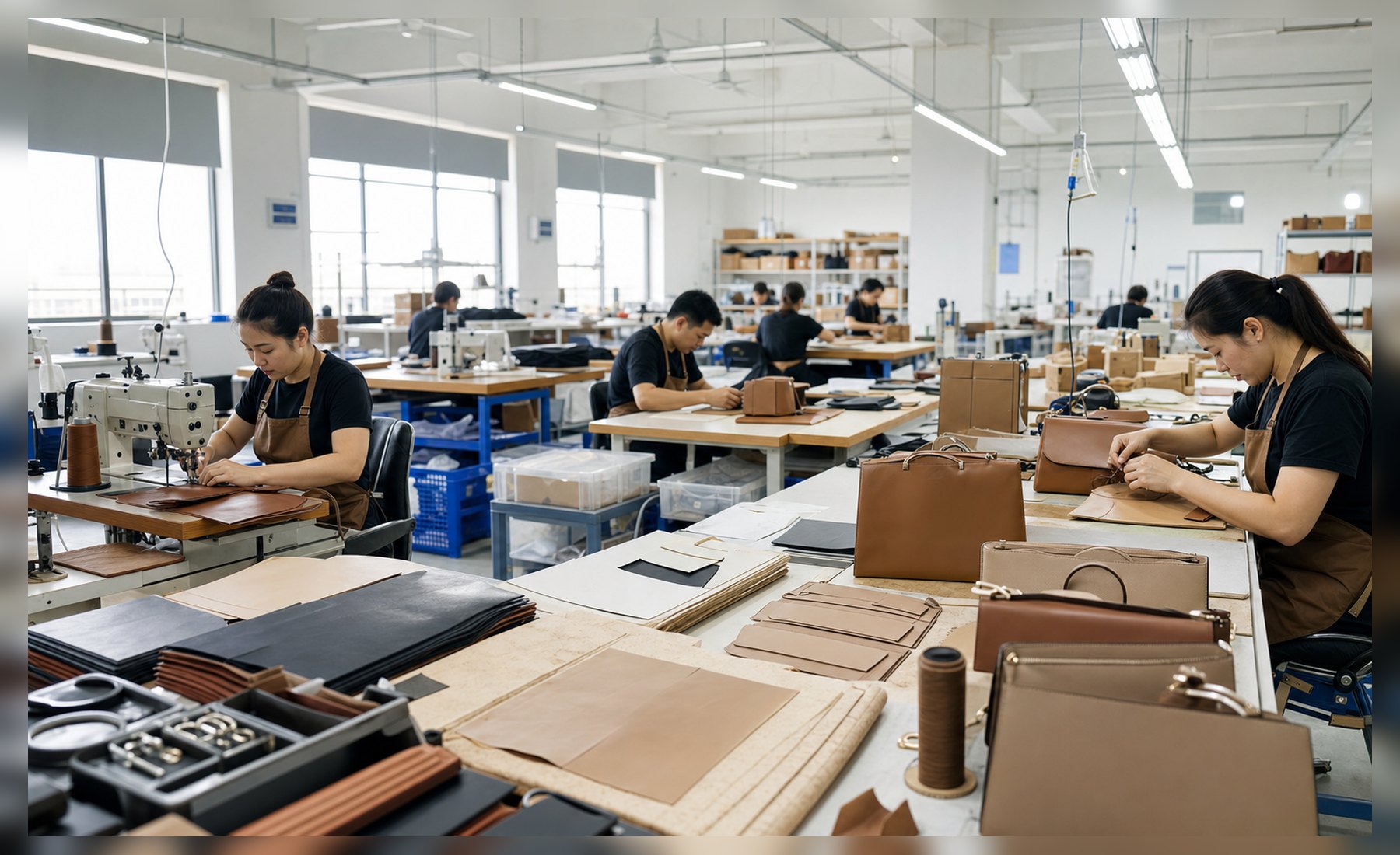 Factory workshop with workers assembling handbags