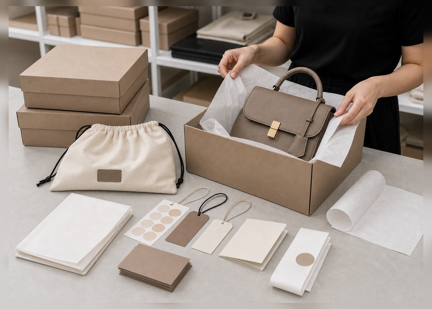 Custom handbag packaging with gift box tissue paper and branded materials